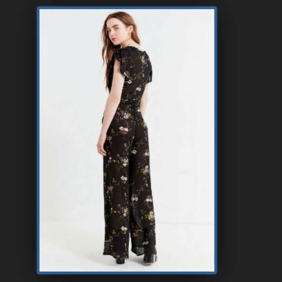 UO Marie Prairie Wrap Jumpsuit Black Floral Pants - Picture 3 of 8